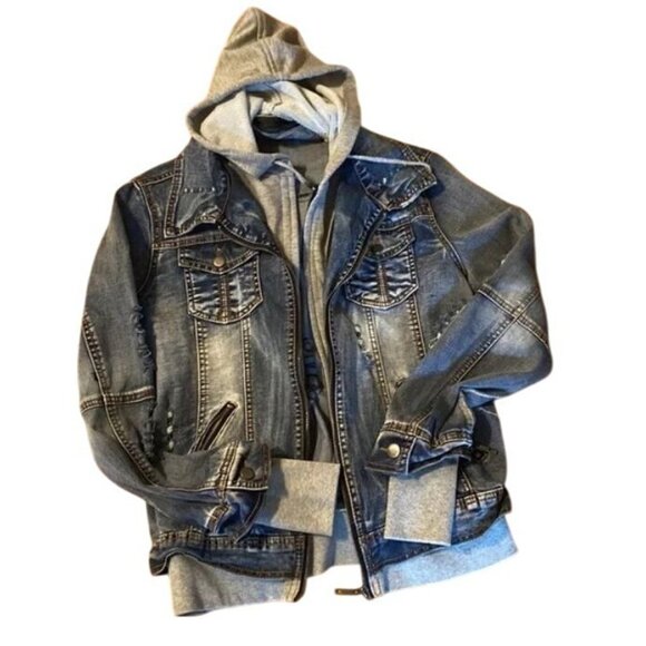 LA Coalition Womens Medium Denim & Gray Hooded Jacket With Distressed Details - Picture 2 of 13